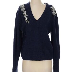 Veronica Beard Dark Blue/ Navy V-Neck Sweater with Crystal  Embellishments